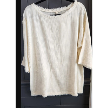 Eileen Fisher Gauze Medium Organic Cotton Raw edge textured Cream blouse top