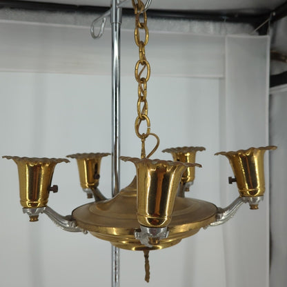 Vintage 5-Arm Two-Tone Brass & Chrome Chandelier Tulip Shades Hollywood Regency