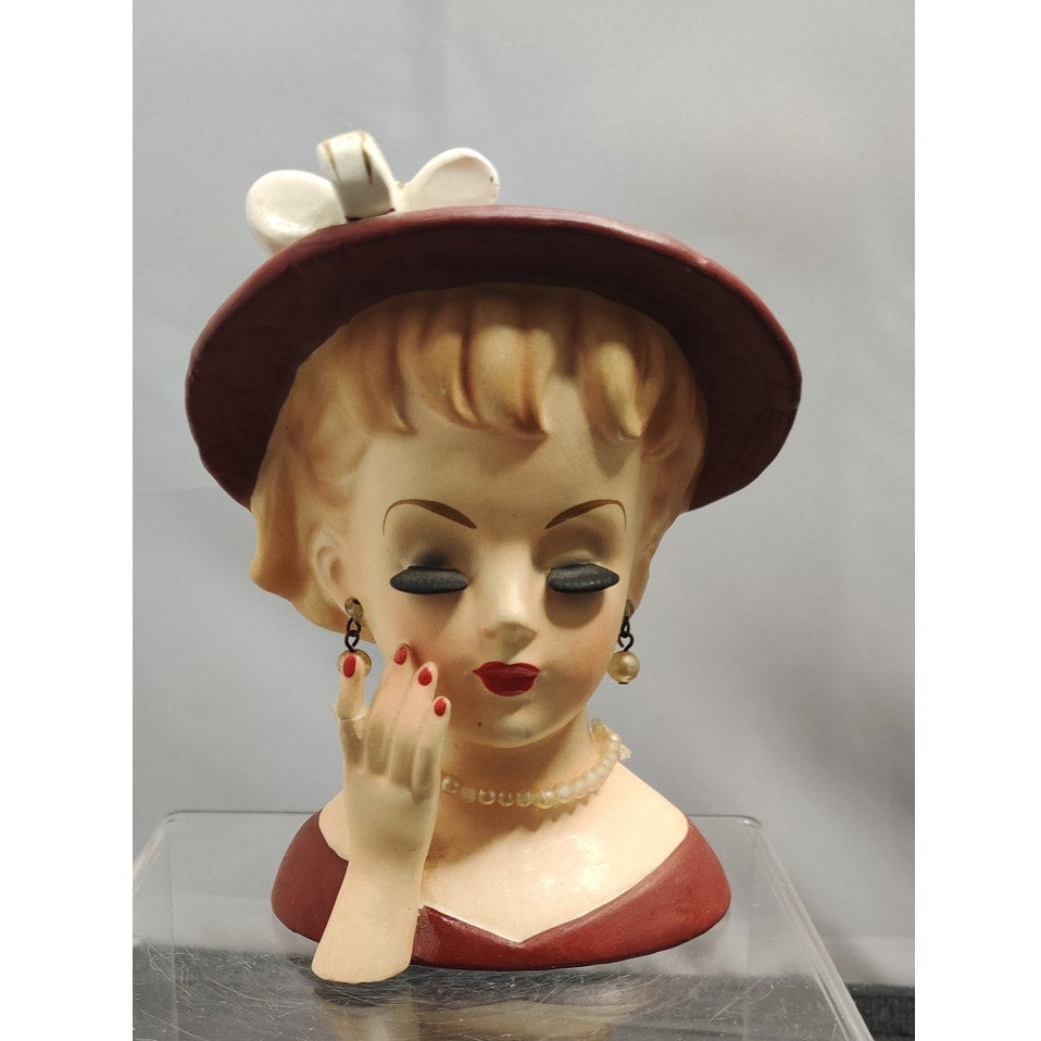 Inarco 1961 Lady Headvase Planter MCM Kitsch Burgundy Hat Retro Decor Vase Rare!