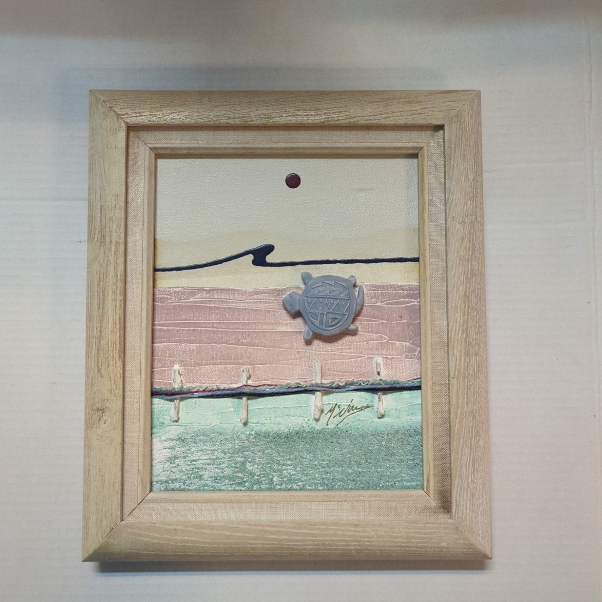 Vintage 1980s Patrick McNurney Original Mix Media Abstract Coastal Turtle Frame