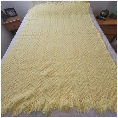 handmade Yellow afghan throw fringe chevron 50" x77" twin zigzag homestead retro
