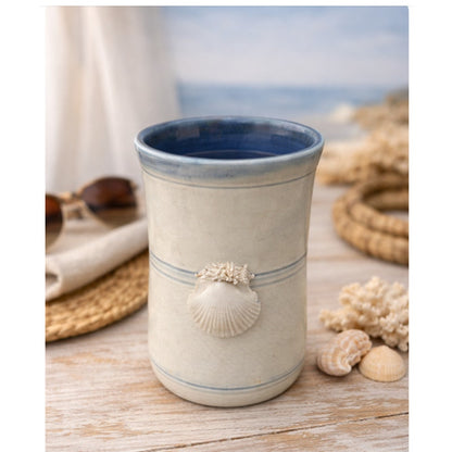 Wakulla Clay '86 Handmade Art Studio Pottery Vase Tumbler White Blue Sea shell