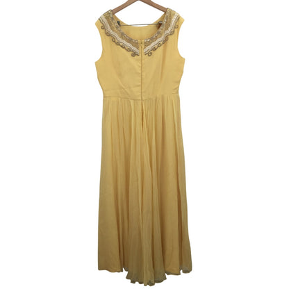 Vintage Sleeveless Maxi Dress Beaded Cocktail Chiffon 50's Yellow Medium/Large