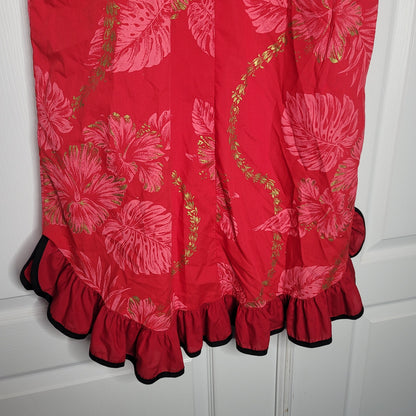 RM Red MALUMI Hawaiian ALOHA dress Medium Pocket Blue Trim Floral Knee Length