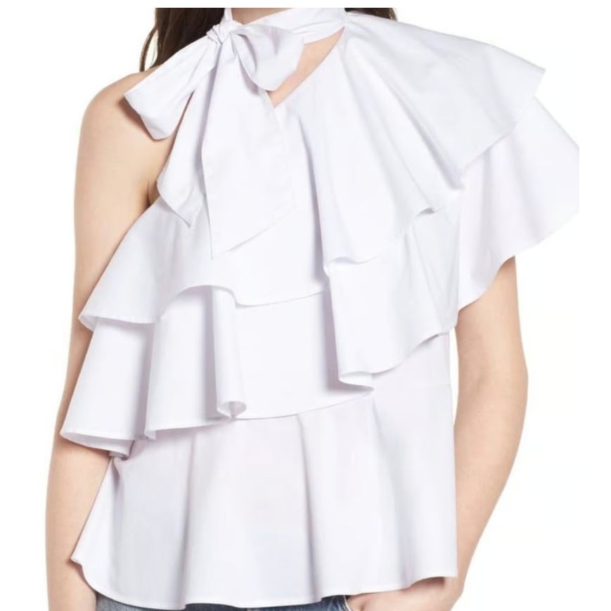 Leith One-Shoulder white Ruffle Top women's size SMALL nwt Casual Summer Flowy