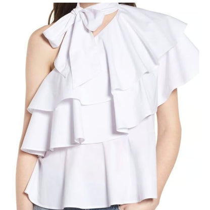 Leith One-Shoulder white Ruffle Top women's size SMALL nwt Casual Summer Flowy