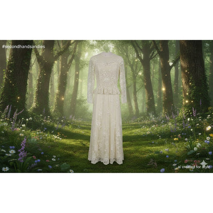 Vintage Lace wedding evening dress sheer top line skirt One Piece peplum Waist