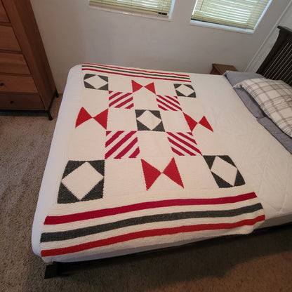 Cabin throw white red gray Geometric Afghan nautical PreOwned vintage