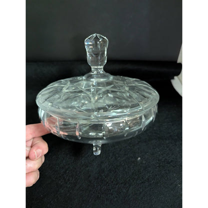 Vintage clear crystal lidded footed vanity powder bon bon candy dish cut pattern