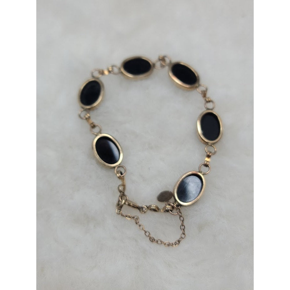 Vintage 12K Gold Filled Black Onyx Oval Link Bracelet Antique Co MidCentury Glam