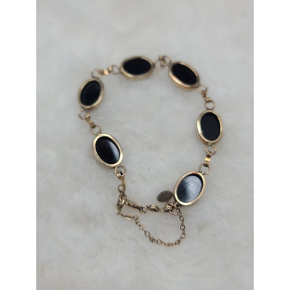 Vintage 12K Gold Filled Black Onyx Oval Link Bracelet Antique Co MidCentury Glam