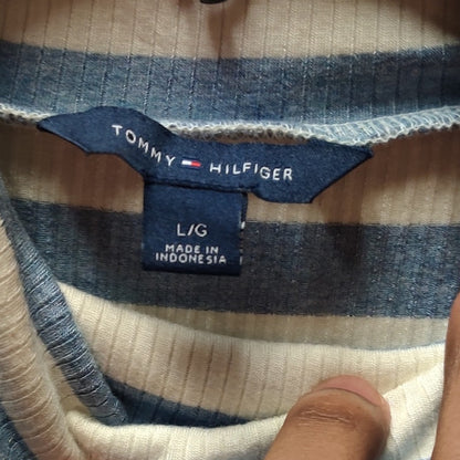 Tommy Hilfiger Blue White Striped Turtleneck Tank Top Large Sleeveless Blouse