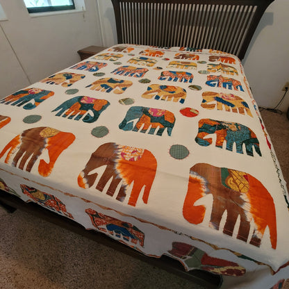 Orange cream elephant tye dye Hand sewn queen full blanket coverlet lightweight