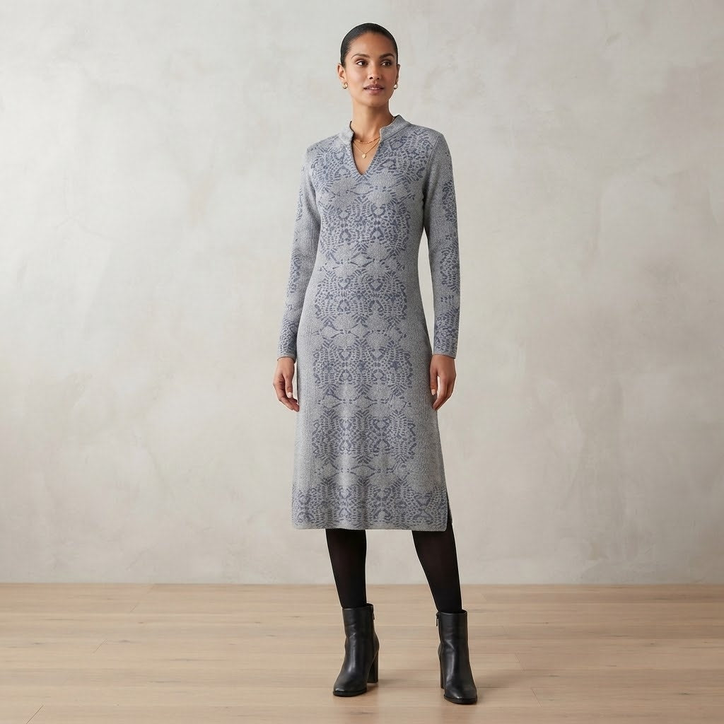 Inspire Cotton Jacquard Dress Pocket Gray Medium Long Sleeve Side Slits Tunic