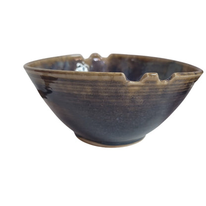 Pair 2 Notched Bowls 7" x 3.5" Blue Brown earthtone Jake Julie Bond Art Pottery