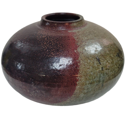 Signed Japanese vase muted brown black Roku Art Pottery handmade Earthtones 6"