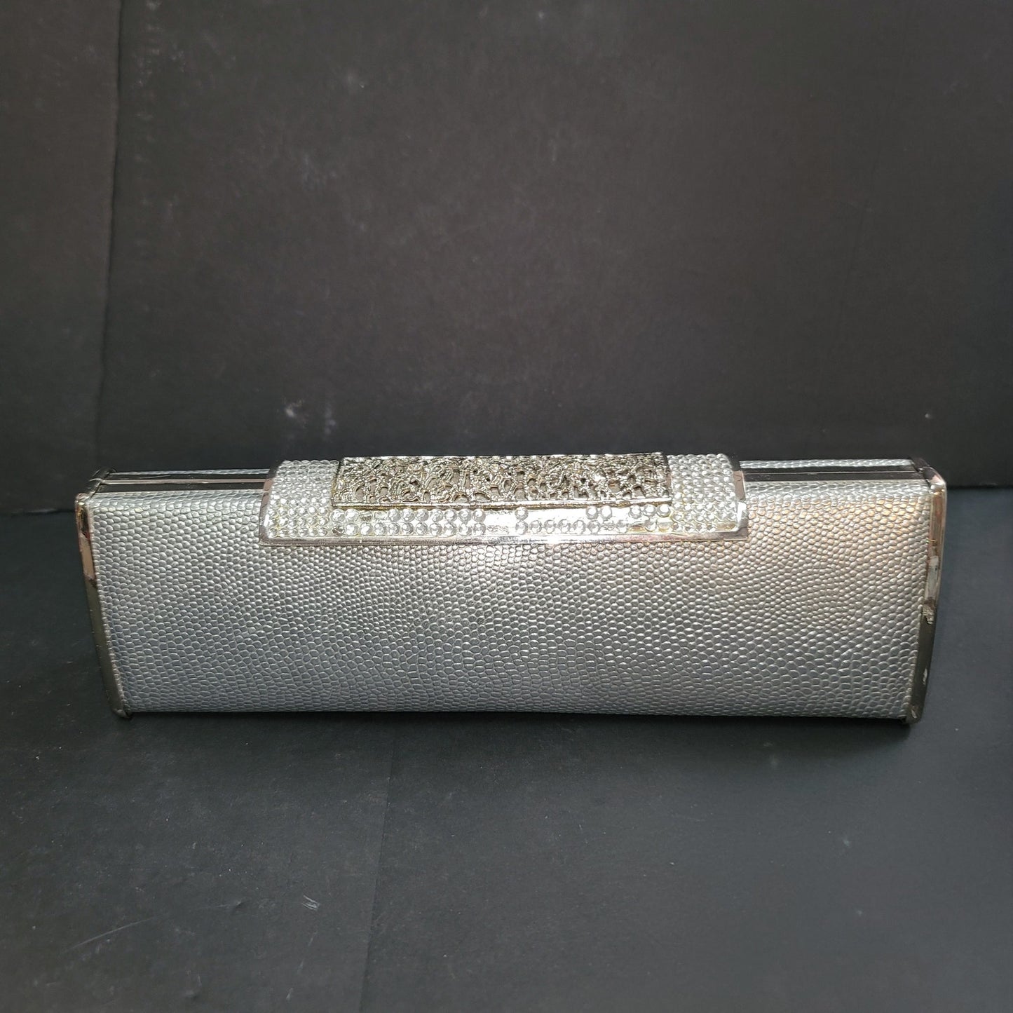 Silver evening bag clutch shoulder crossbody Purse narrow snap closure crystal