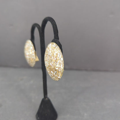Vintage Clear Lucite Gold Speckle Confetti Dome Button Clip On Earrings Retro