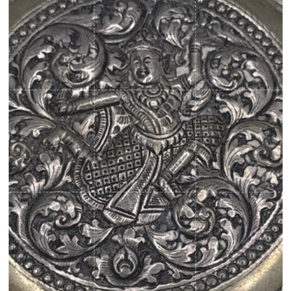 Vintage Siam KINNAREE Silver Powder Compact Repoussé Thai Deity Ramakien 1950s