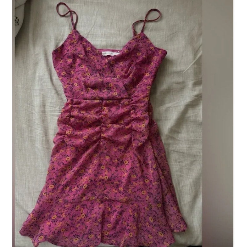 All In Favor Sundress Pink Floral Ruch Mini Spaghetti Strap Lined XS New SUMMER
