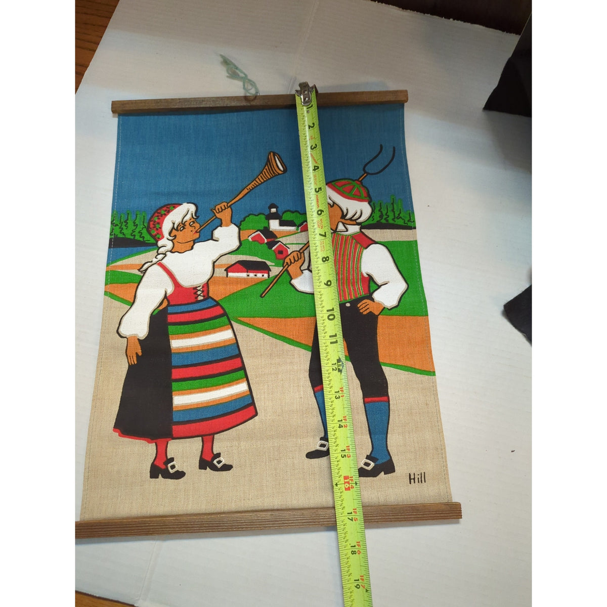 Vintage Scandinavian Burlap Wall Hanging Swedish Folk Art Hill Fabric Scroll