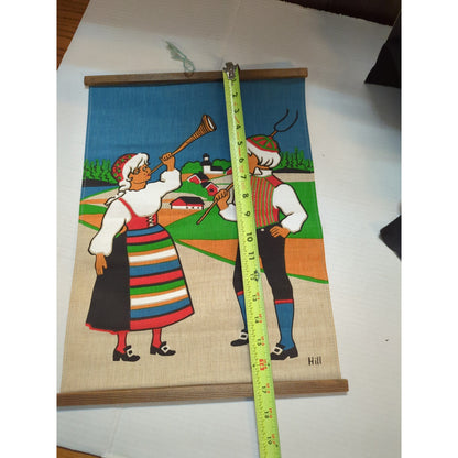 Vintage Scandinavian Burlap Wall Hanging Swedish Folk Art Hill Fabric Scroll