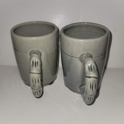 Handmade tall gray Pair of art pottery cups mugs Signed stamped coffee tea