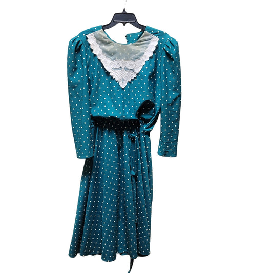 Vintage green white polka dot dress lace collar long sleeve PRAIRIE CORE Size 16