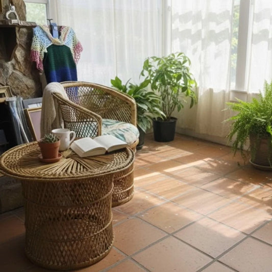 Vintage Mid Century Modern Wicker Barrel Chair and Sunburst Drum Side Table Set