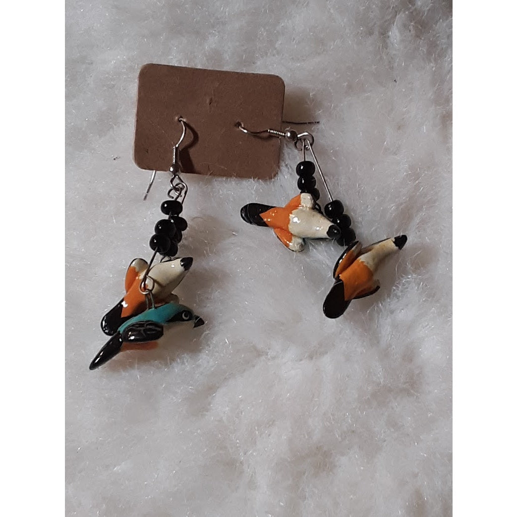 Artisan Orange Blue Bird HANDMADE Earrings Black Seed Beads Dangle  French wire