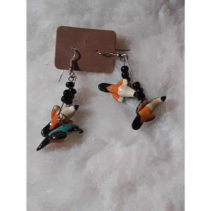 Artisan Orange Blue Bird HANDMADE Earrings Black Seed Beads Dangle  French wire