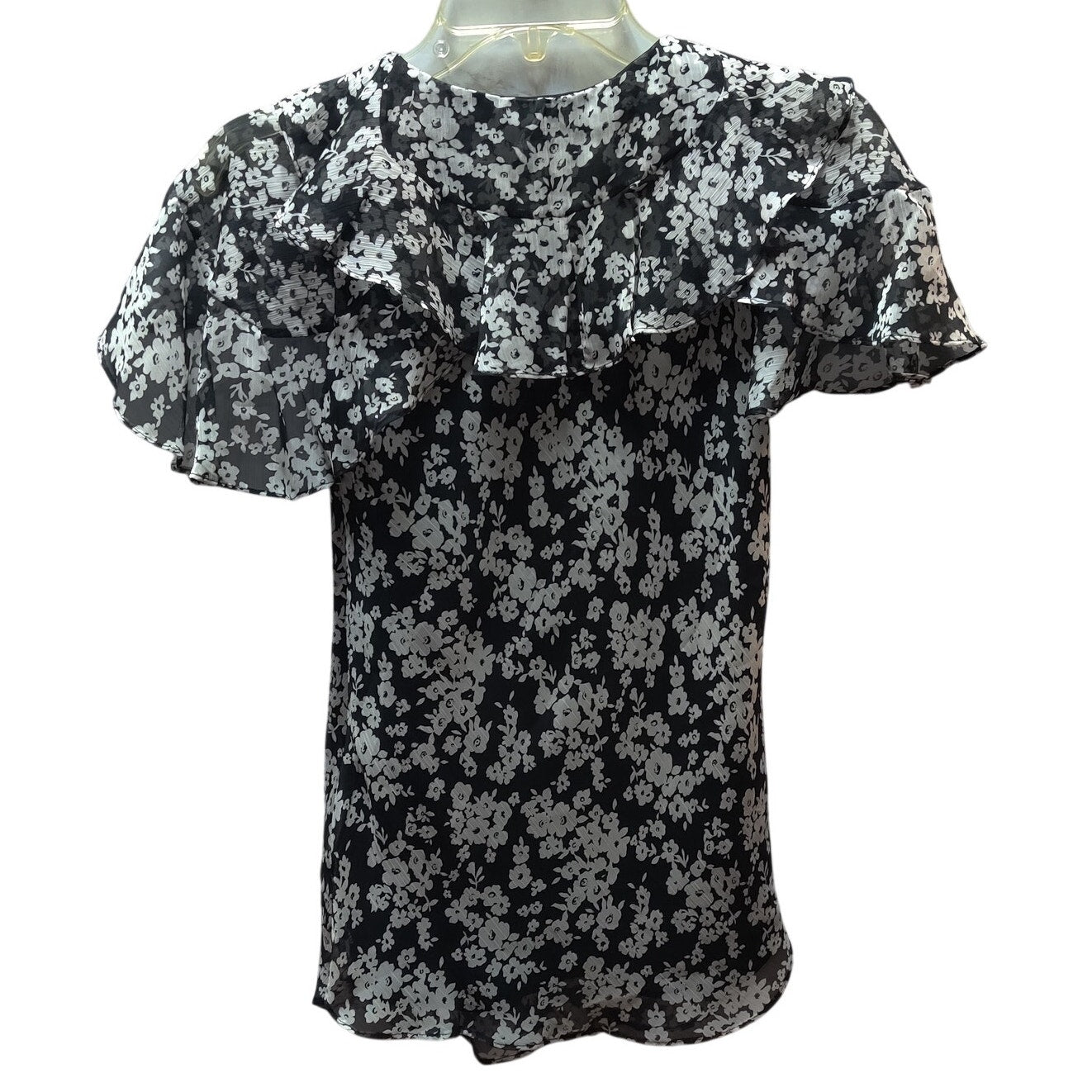 Lauren Ralph Lauren Floral Flutter Sleeve V Neck Blouse Black White Chiffon XS