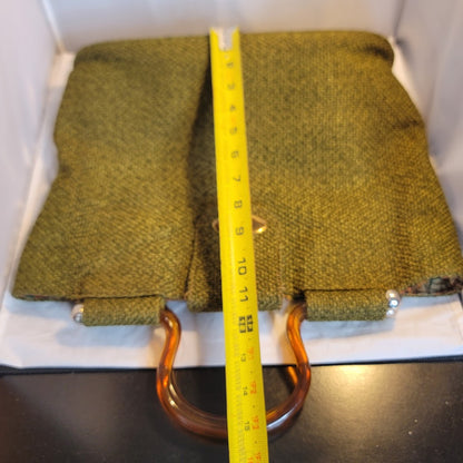 Vintage Woven Avocado Green Tortoise Lucite Handle Twist Lock Purse Bag Tote