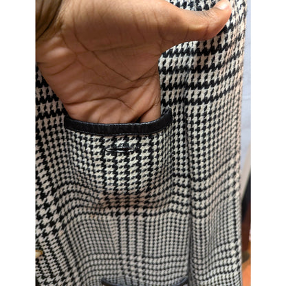 The Limited Plaid Wool Blend Blazer Faux Leather Trim Gold Button Vintage XS