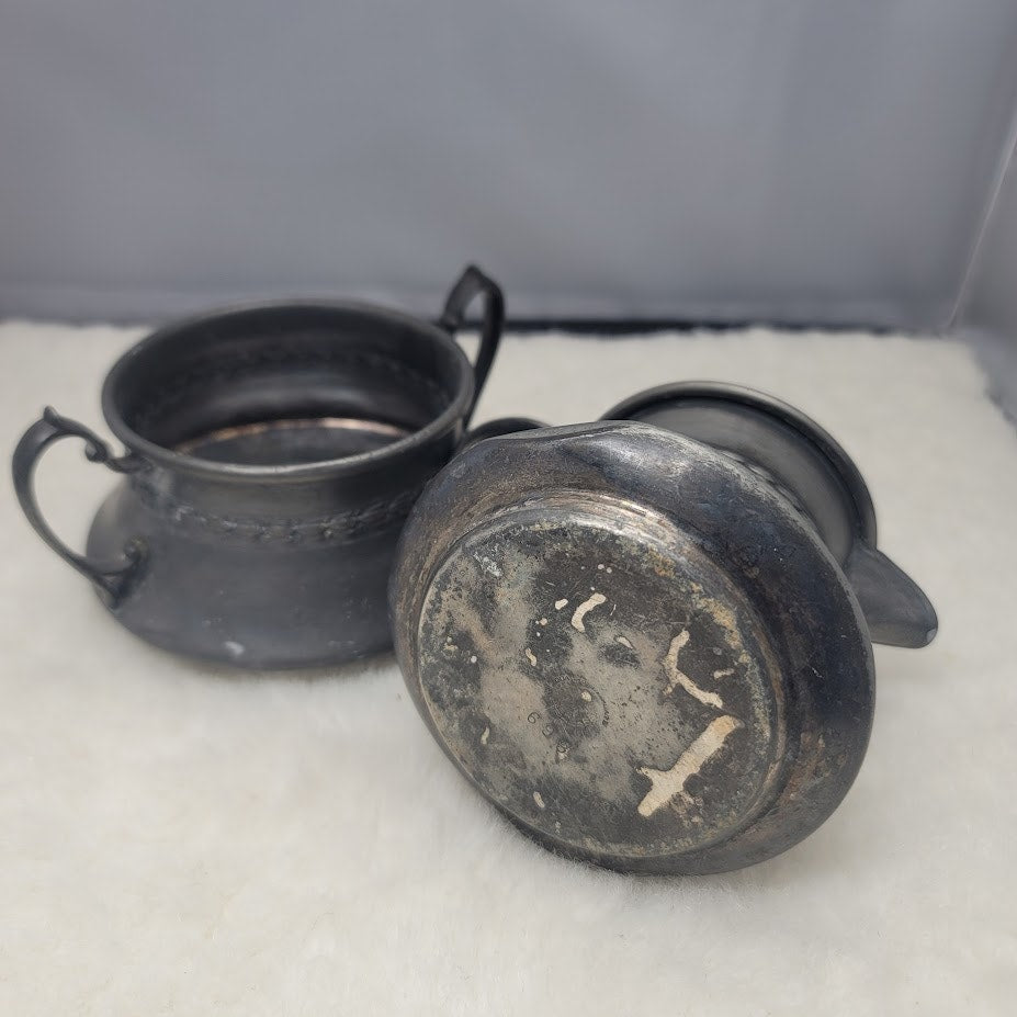 Vintage Pewter 2pc Creamer Sugar Bowl Set Colonial Style Dark Academia Primitive