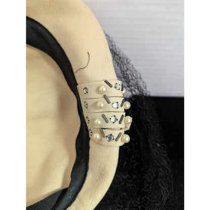Vintage Hornberger Berkshire Wool Hat Cream Rhinestone Netting 1950s