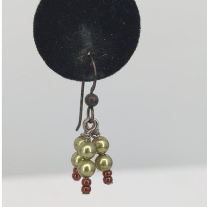 Vintage Petite Faux Pearl Cluster Gold Tone Red Beaded Cluster Dangle Earrings