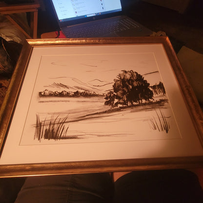Vintage Minimalist Charcoal Landscape Sketch Framed Wall Art Dark Academia Print