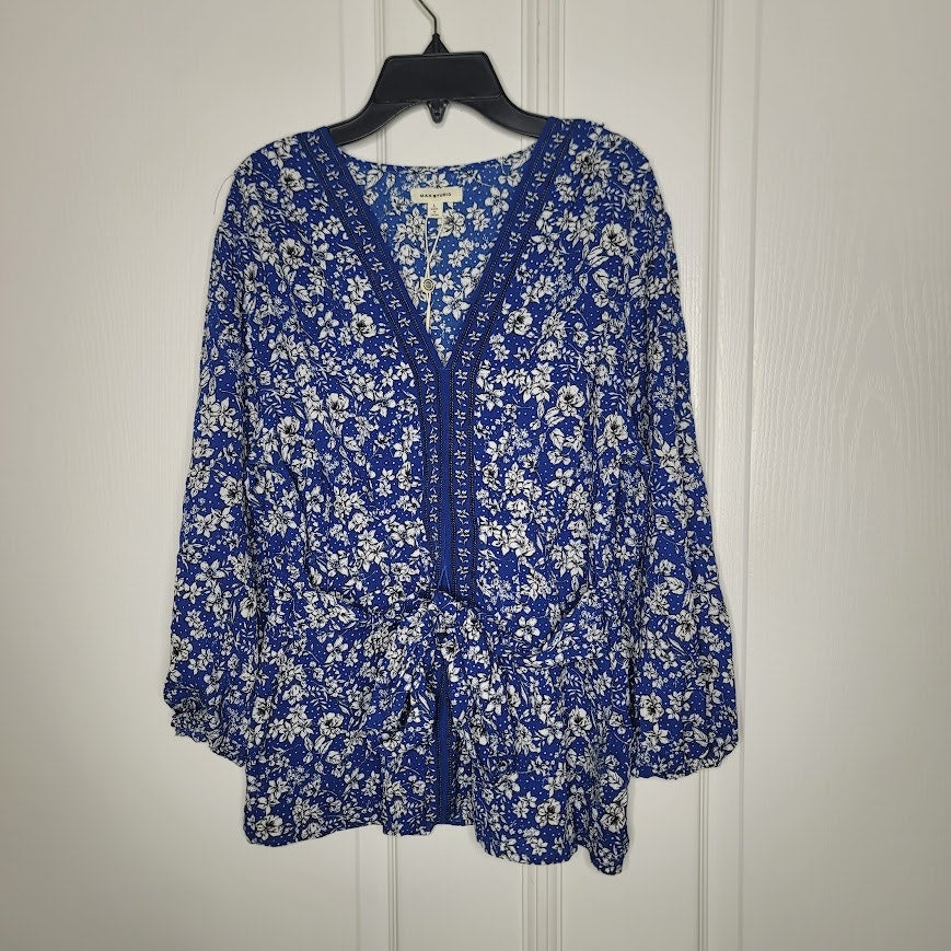 Max Studio London Floral Notch Long Sleeve Top Women’s Large NEW Tie Back Ruched