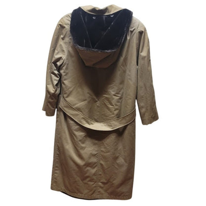 Mackintosh Trench Full length Coat Jacket Faux Fur Lined Hood Size 12 HEAVY tan