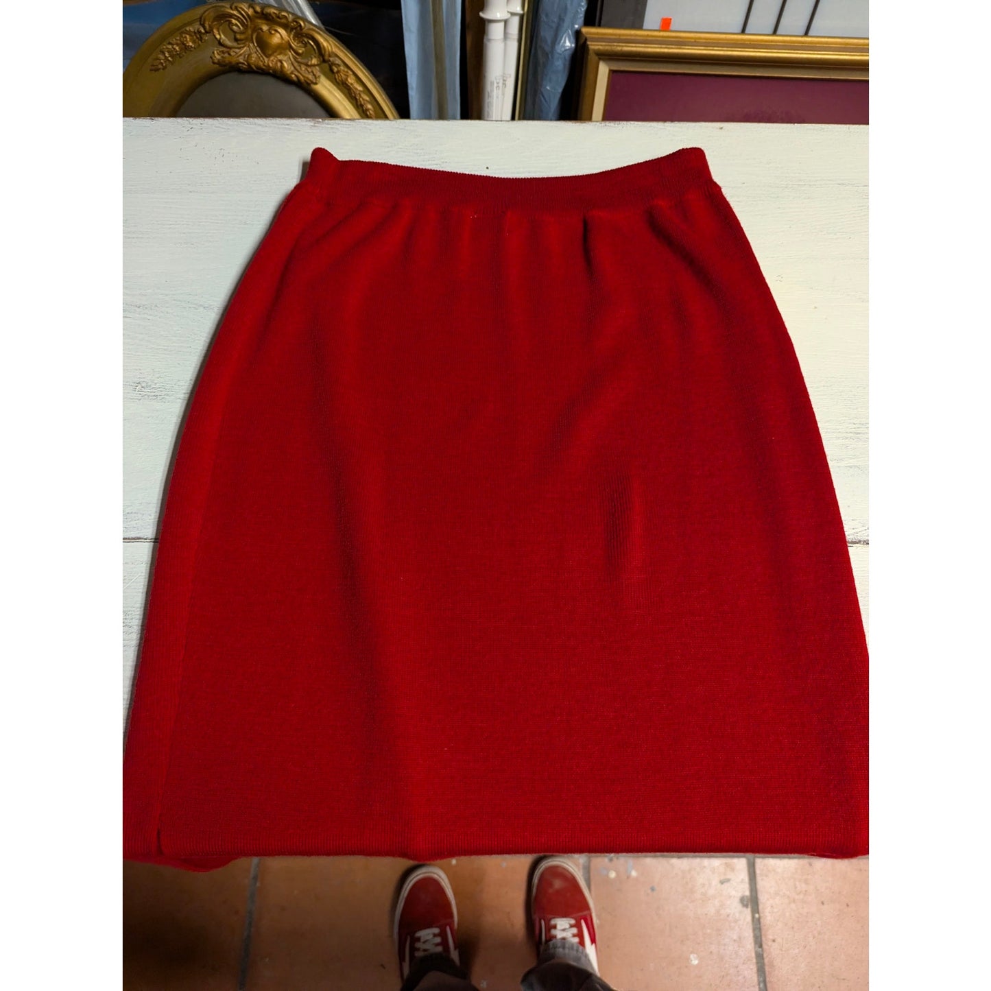 Vintage Preston & York Red Merino Wool Knit Midi Skirt Medium Academic Luxury