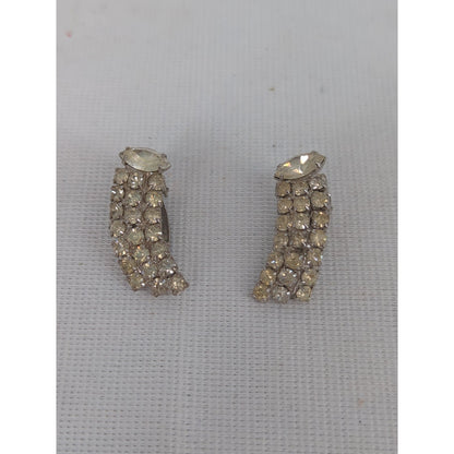 Vintage Art Deco Rhinestone Curved Waterfall Clip On Earrings Mid Century Glam
