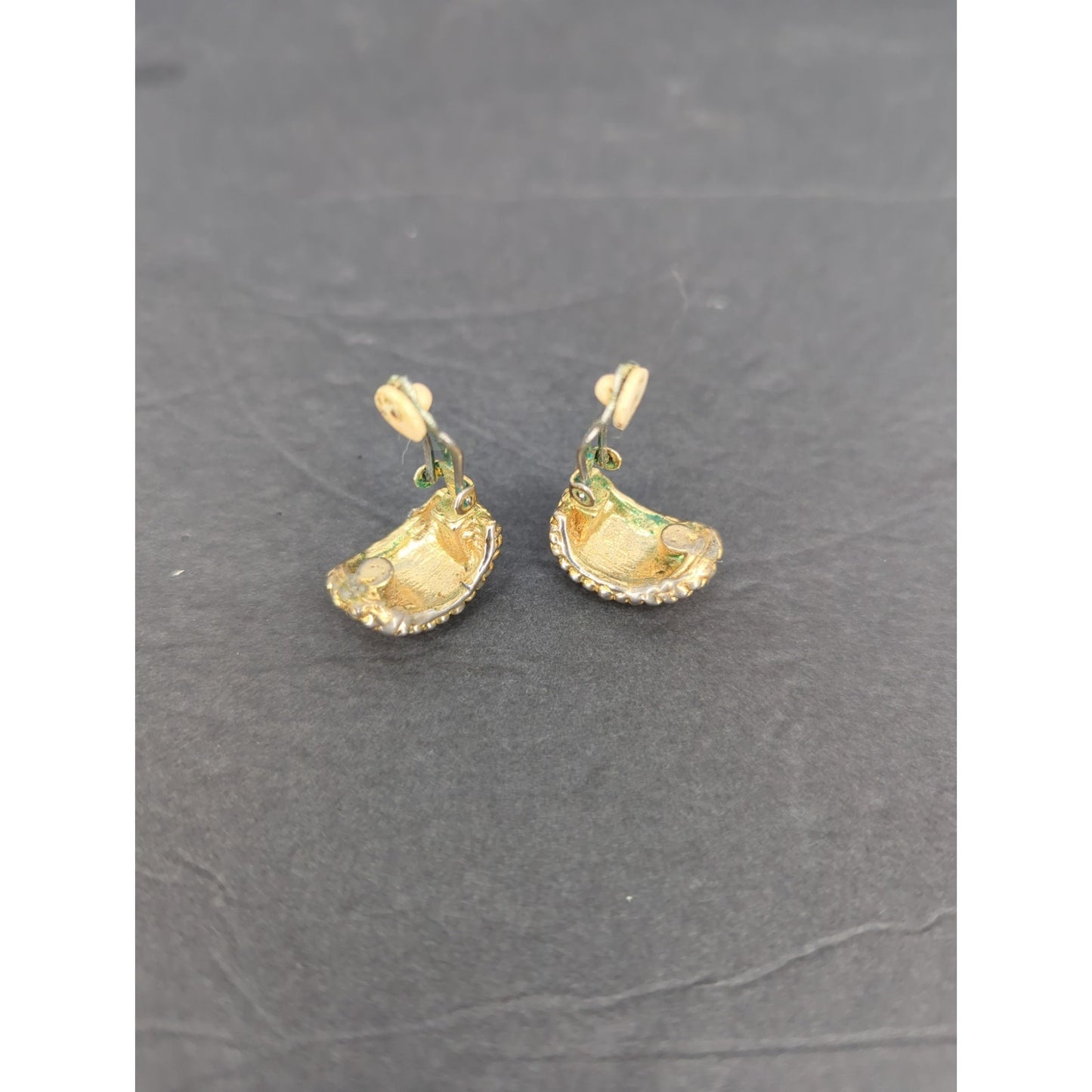 Vintage Gold Tone Textured Beaded Chunky Crescent Half Hoop Drop Earrings Retro