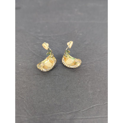 Vintage Gold Tone Textured Beaded Chunky Crescent Half Hoop Drop Earrings Retro