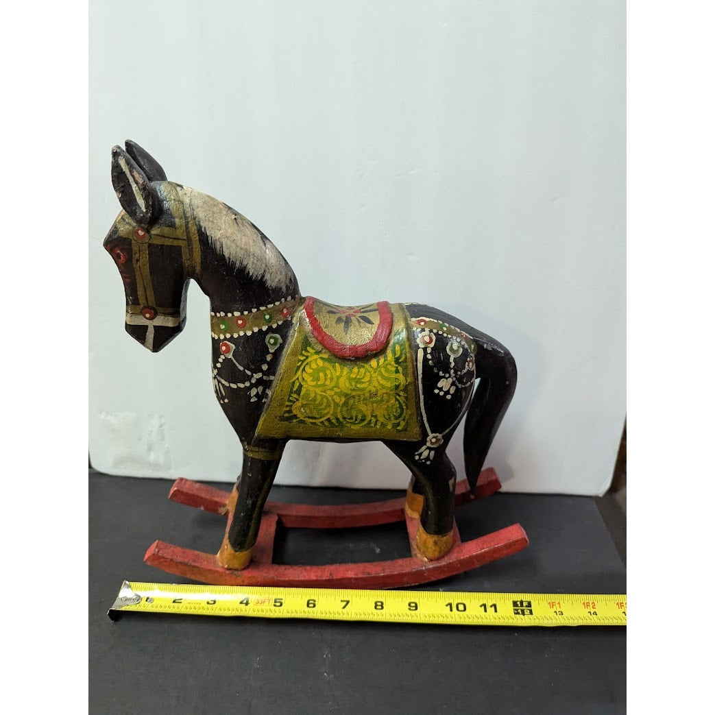 Antique Primitive Folk Art Painted Wood Rocking Horse Wanderer Romani 12” Wide