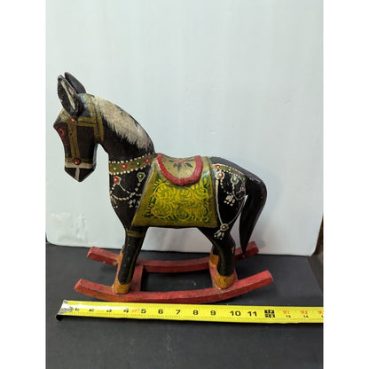 Antique Primitive Folk Art Painted Wood Rocking Horse Wanderer Romani 12” Wide