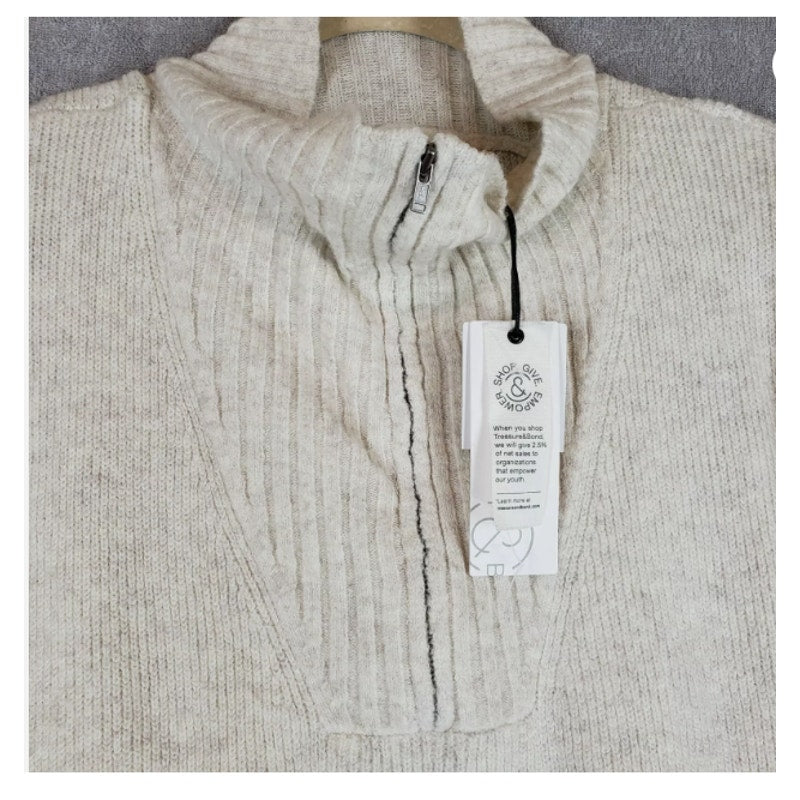 NEW Treasure & Bond Quarter Zip Mock Neck Sweater MEDIUM Beige Long Sleeve