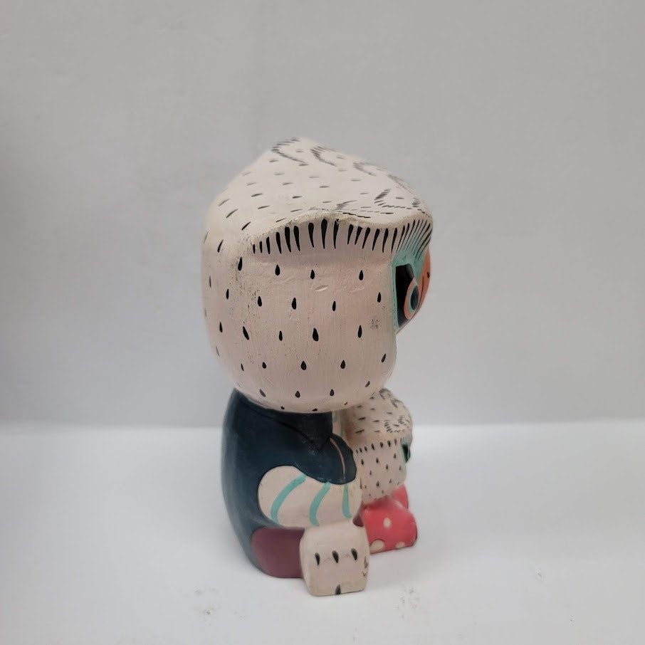 folk art owl statue lightweight two in One fledgling Parent wood painted UNIQUE