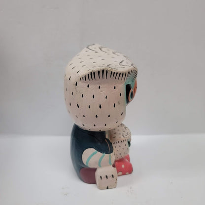 folk art owl statue lightweight two in One fledgling Parent wood painted UNIQUE