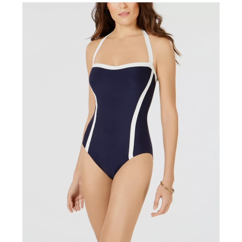 DKNY NEW Swimsuit Womens Size 18 Black White One Piece Removable strap Halter